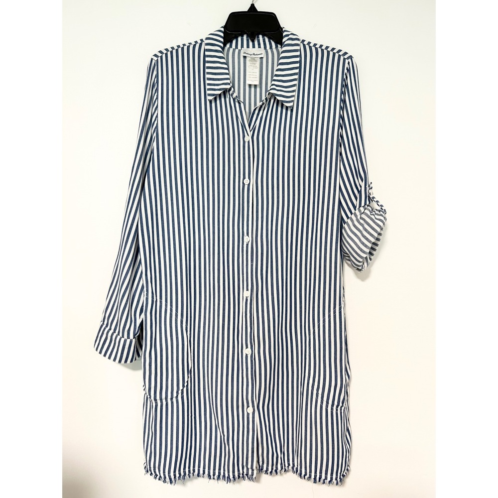 Tommy Bahama Womens Blue White Striped Roll Tab Shirt Dress Large Pockets Frayed